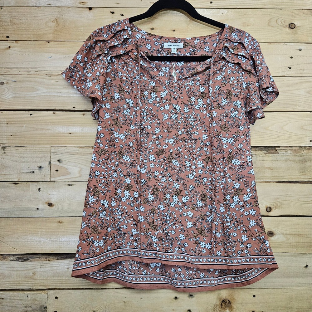 Max Studio Terracotta Floral Ruffle Flutter Sleeve Tie Neck Blouse XS